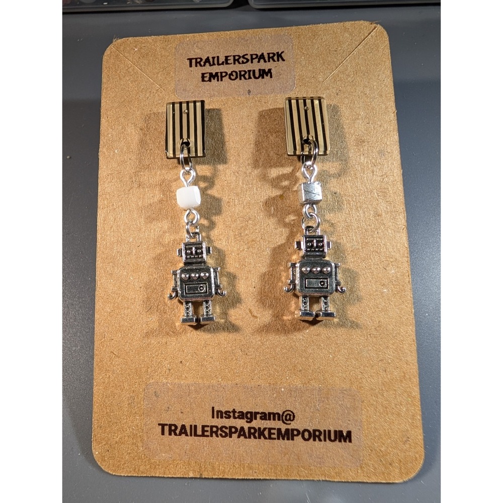 Trailer Spark Emporium Robot Drop Earrings Silver Tone Striped Post Nickel Free